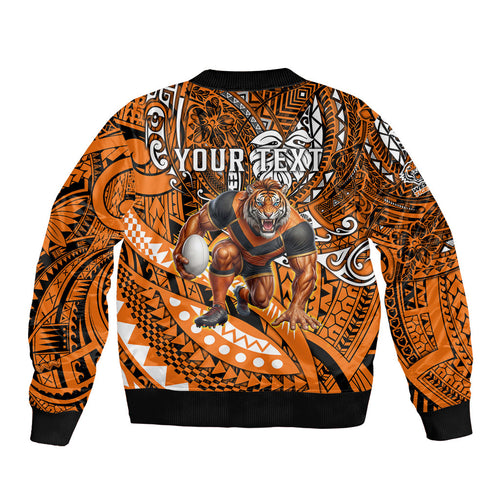 Personalised Wests Tigers Bomber Jacket Polynesian Tribal Art Style With Powerful Tiger Mascot