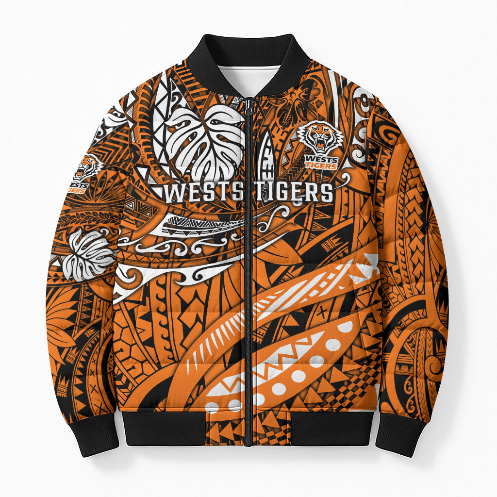 Personalised Wests Tigers Bomber Puffer Jacket Polynesian Tribal Art Style With Powerful Tiger Mascot