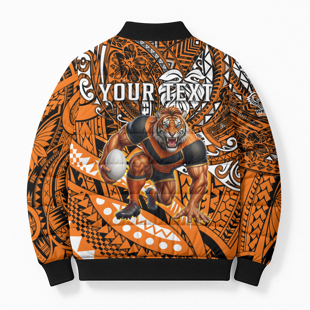 Personalised Wests Tigers Bomber Puffer Jacket Polynesian Tribal Art Style With Powerful Tiger Mascot