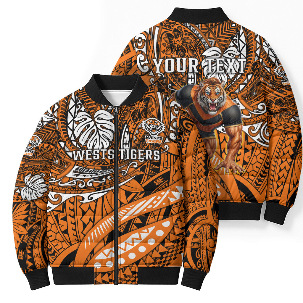 Personalised Wests Tigers Bomber Puffer Jacket Polynesian Tribal Art Style With Powerful Tiger Mascot