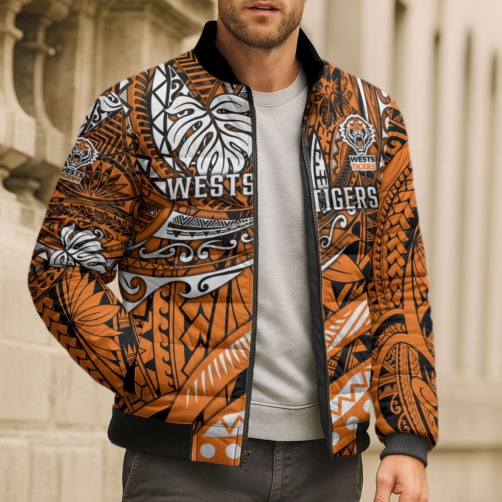 Personalised Wests Tigers Bomber Puffer Jacket Polynesian Tribal Art Style With Powerful Tiger Mascot