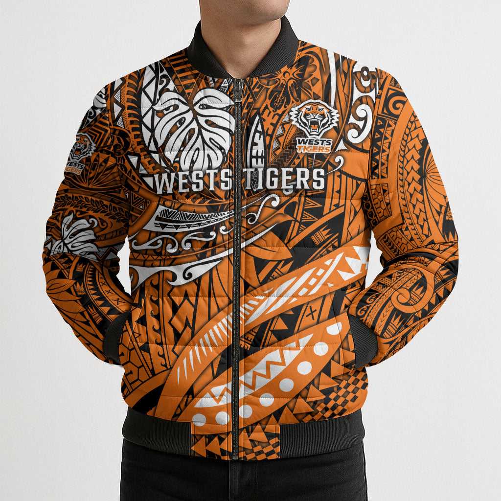 Personalised Wests Tigers Bomber Puffer Jacket Polynesian Tribal Art Style With Powerful Tiger Mascot