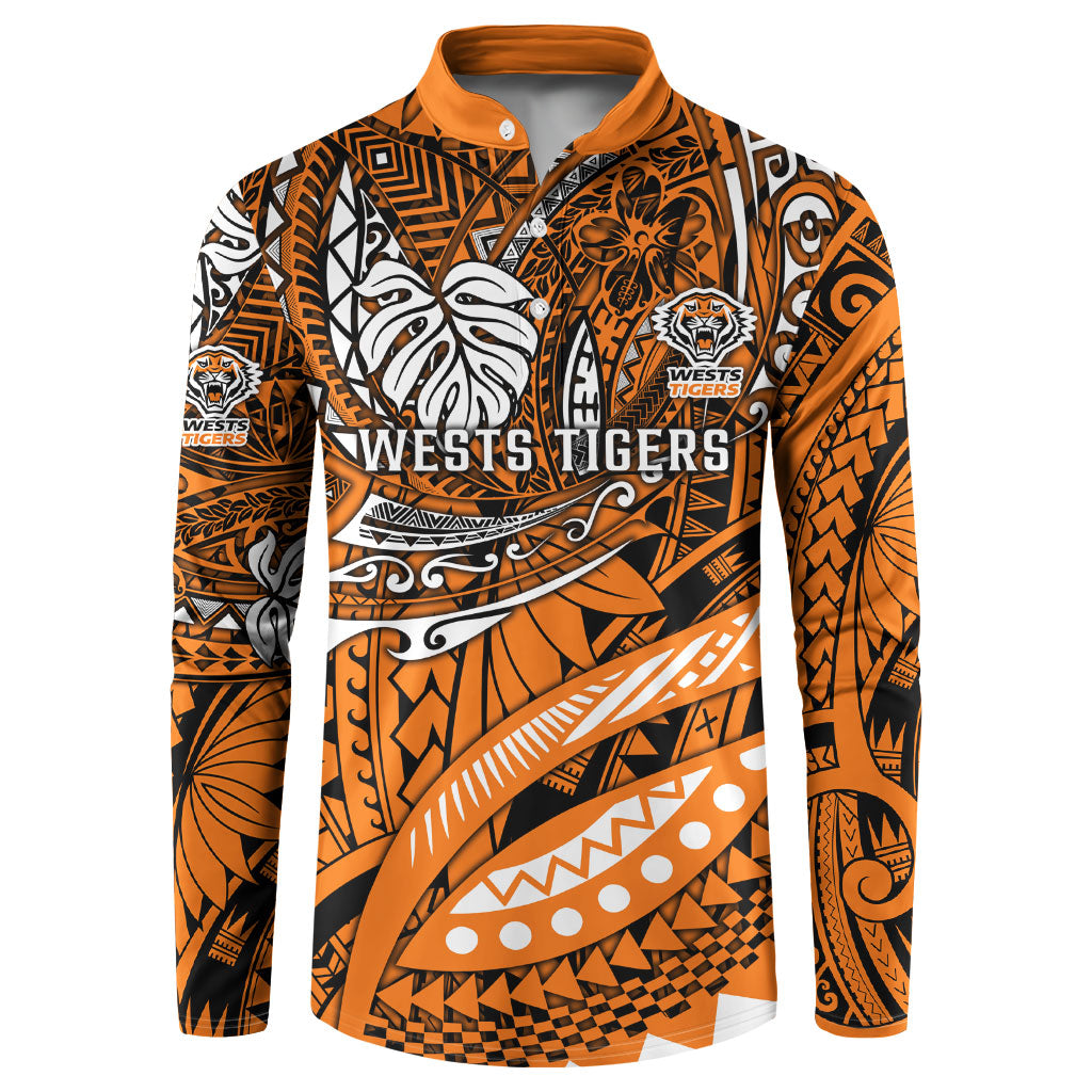 Personalised Wests Tigers Button Sweatshirt Polynesian Tribal Art Style With Powerful Tiger Mascot