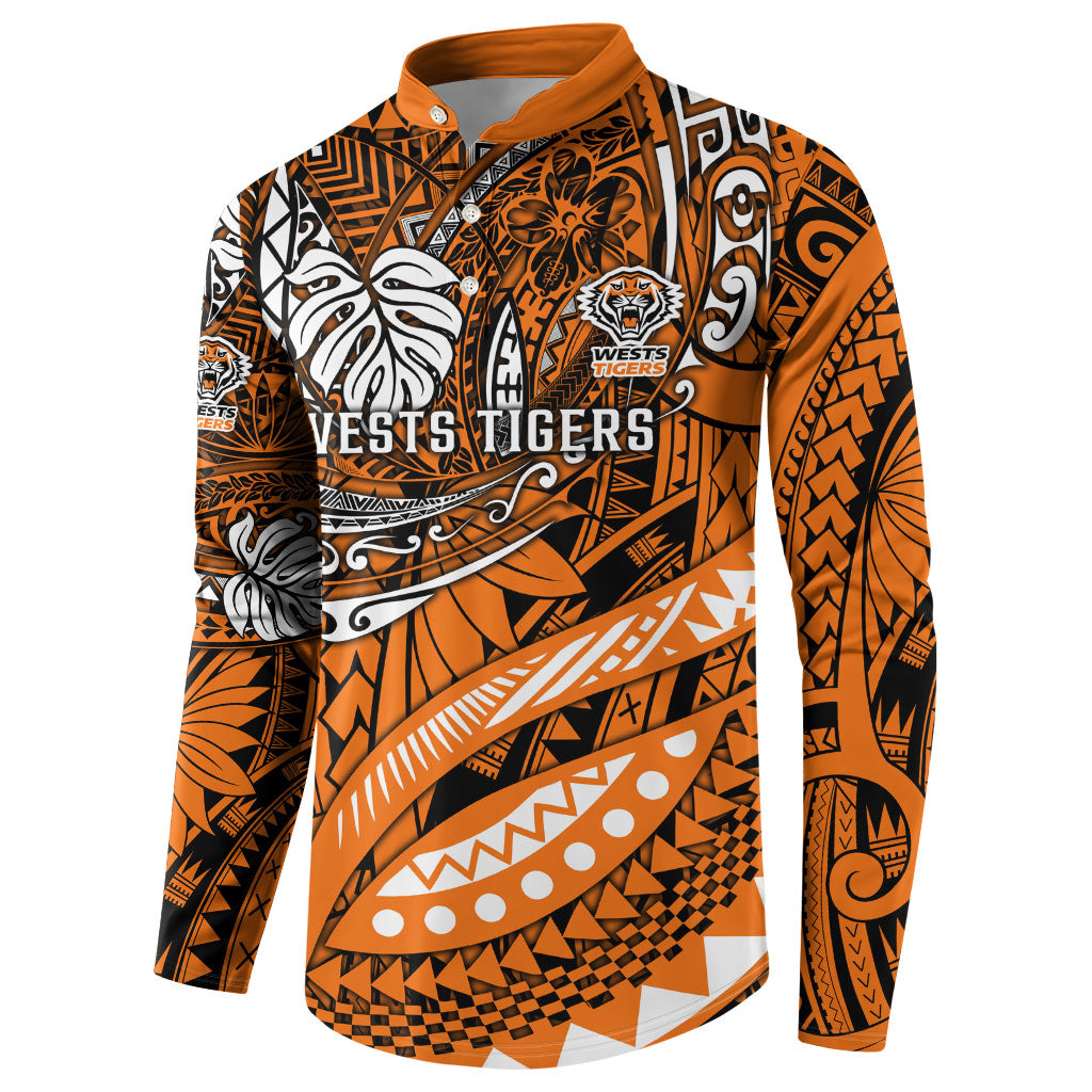 Personalised Wests Tigers Button Sweatshirt Polynesian Tribal Art Style With Powerful Tiger Mascot