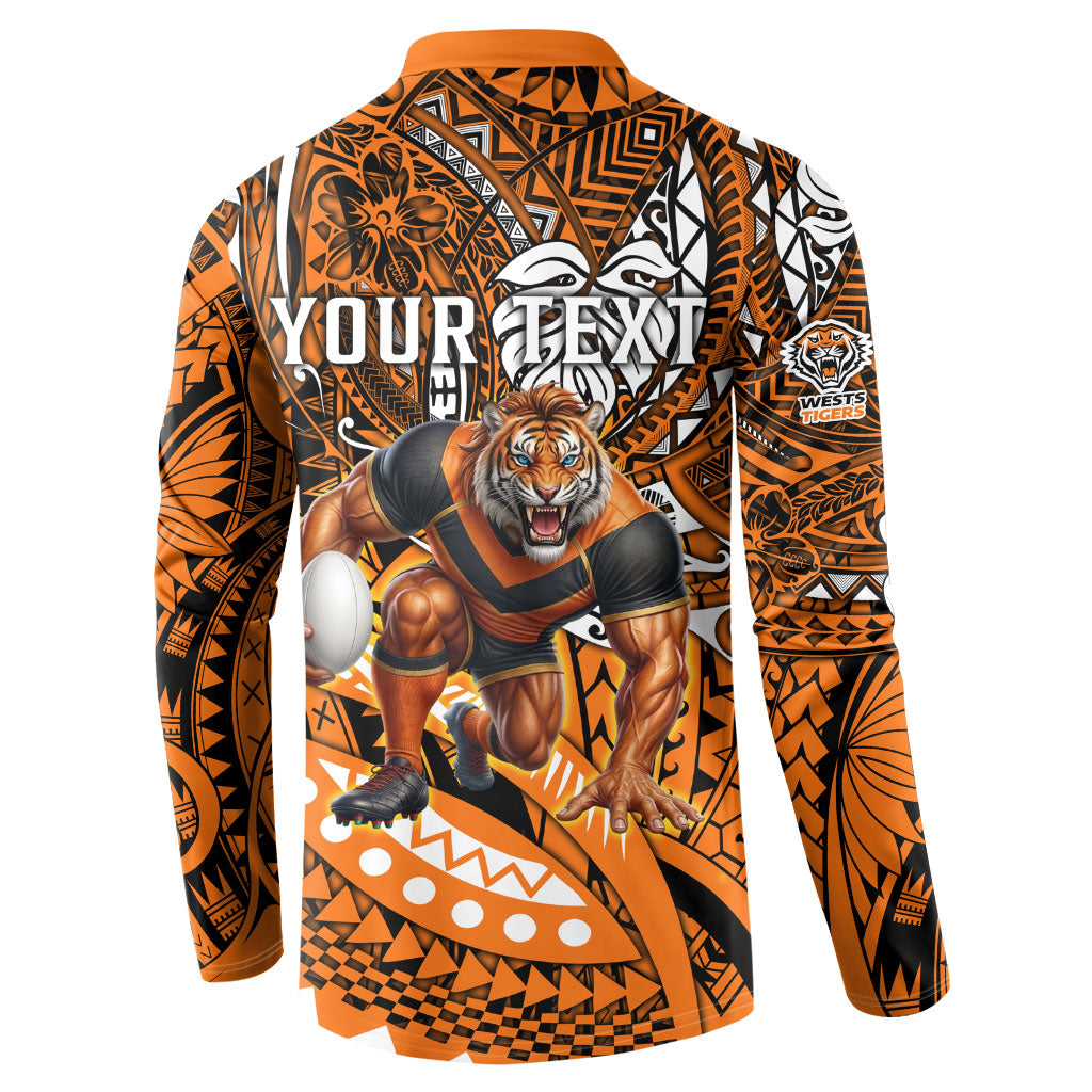 Personalised Wests Tigers Button Sweatshirt Polynesian Tribal Art Style With Powerful Tiger Mascot