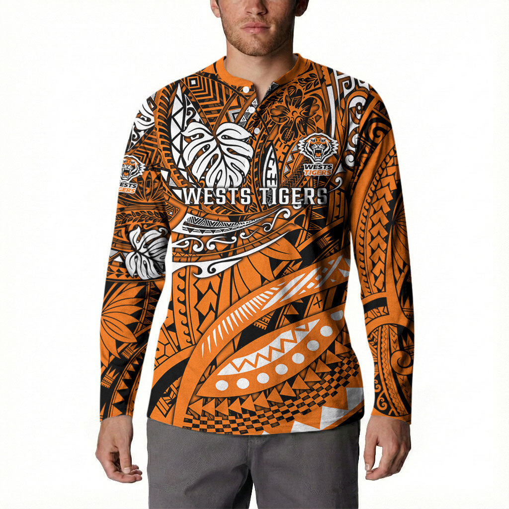 Personalised Wests Tigers Button Sweatshirt Polynesian Tribal Art Style With Powerful Tiger Mascot