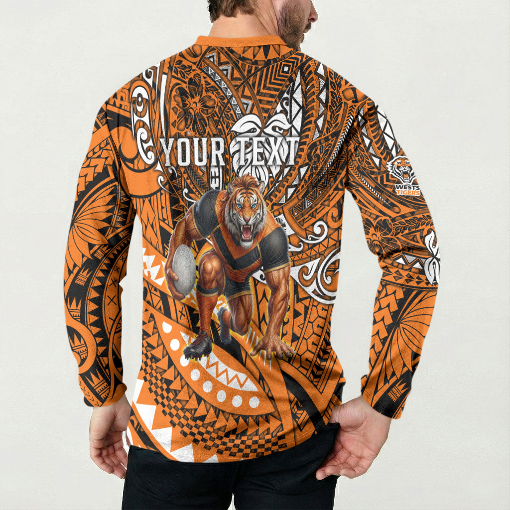 Personalised Wests Tigers Button Sweatshirt Polynesian Tribal Art Style With Powerful Tiger Mascot