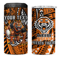 Personalised Wests Tigers 4 in 1 Can Cooler Tumbler Polynesian Tribal Art Style With Powerful Tiger Mascot