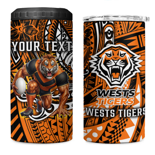 Personalised Wests Tigers 4 in 1 Can Cooler Tumbler Polynesian Tribal Art Style With Powerful Tiger Mascot