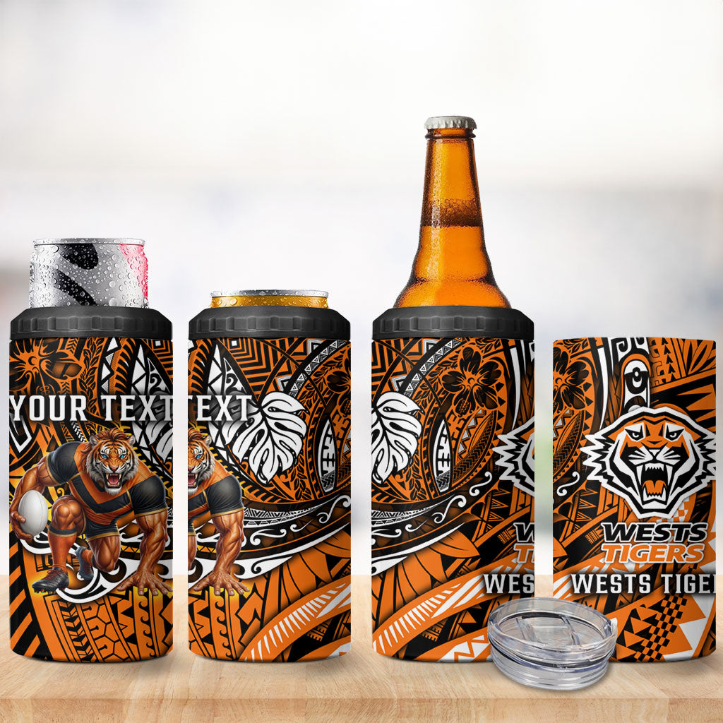 Personalised Wests Tigers 4 in 1 Can Cooler Tumbler Polynesian Tribal Art Style With Powerful Tiger Mascot
