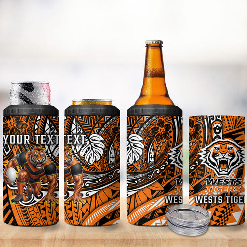 Personalised Wests Tigers 4 in 1 Can Cooler Tumbler Polynesian Tribal Art Style With Powerful Tiger Mascot