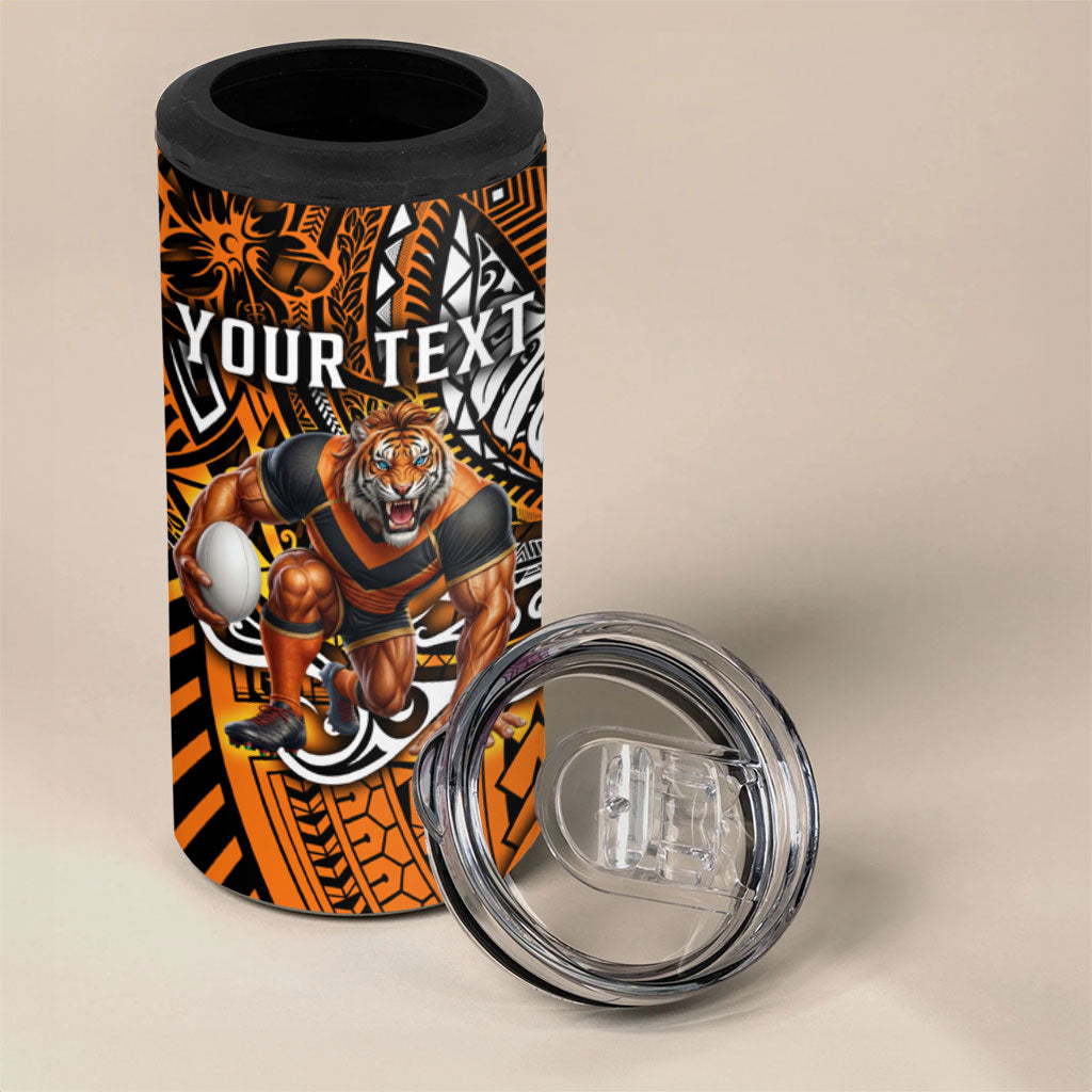 Personalised Wests Tigers 4 in 1 Can Cooler Tumbler Polynesian Tribal Art Style With Powerful Tiger Mascot