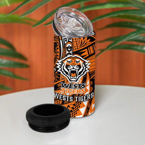Personalised Wests Tigers 4 in 1 Can Cooler Tumbler Polynesian Tribal Art Style With Powerful Tiger Mascot