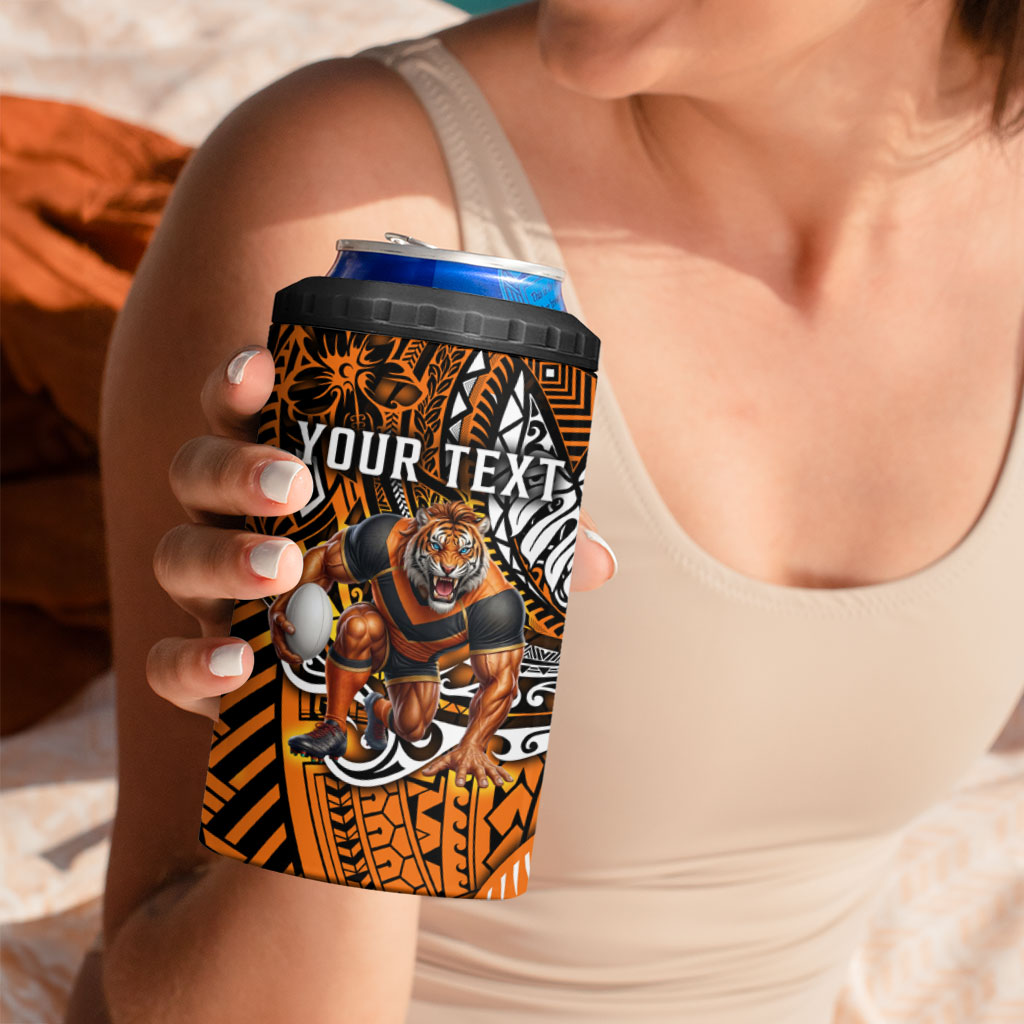 Personalised Wests Tigers 4 in 1 Can Cooler Tumbler Polynesian Tribal Art Style With Powerful Tiger Mascot