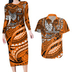 Personalised Wests Tigers Couples Matching Long Sleeve Bodycon Dress and Hawaiian Shirt Polynesian Tribal Art Style With Powerful Tiger Mascot