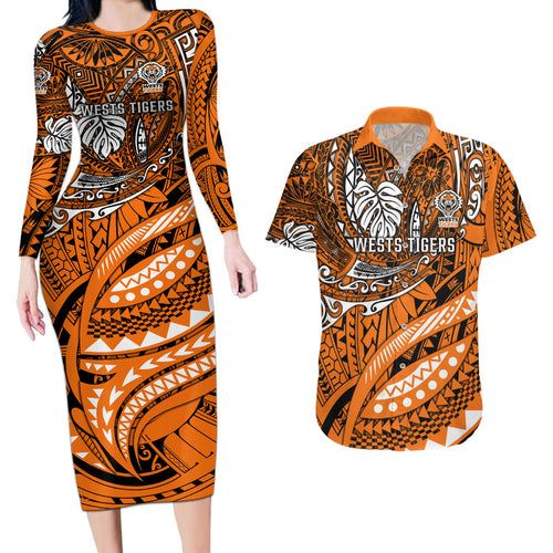 Personalised Wests Tigers Couples Matching Long Sleeve Bodycon Dress and Hawaiian Shirt Polynesian Tribal Art Style With Powerful Tiger Mascot