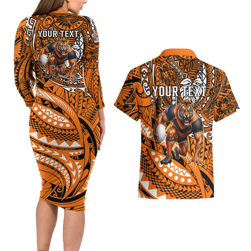 Personalised Wests Tigers Couples Matching Long Sleeve Bodycon Dress and Hawaiian Shirt Polynesian Tribal Art Style With Powerful Tiger Mascot
