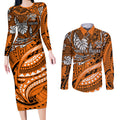 Personalised Wests Tigers Couples Matching Long Sleeve Bodycon Dress and Long Sleeve Button Shirt Polynesian Tribal Art Style With Powerful Tiger Mascot