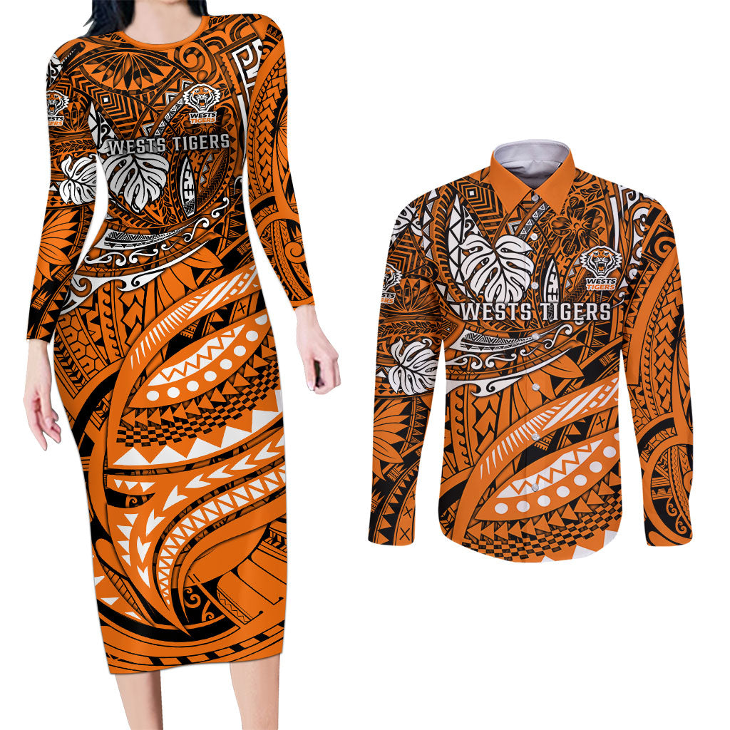 Personalised Wests Tigers Couples Matching Long Sleeve Bodycon Dress and Long Sleeve Button Shirt Polynesian Tribal Art Style With Powerful Tiger Mascot