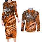 Personalised Wests Tigers Couples Matching Long Sleeve Bodycon Dress and Long Sleeve Button Shirt Polynesian Tribal Art Style With Powerful Tiger Mascot