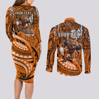 Personalised Wests Tigers Couples Matching Long Sleeve Bodycon Dress and Long Sleeve Button Shirt Polynesian Tribal Art Style With Powerful Tiger Mascot