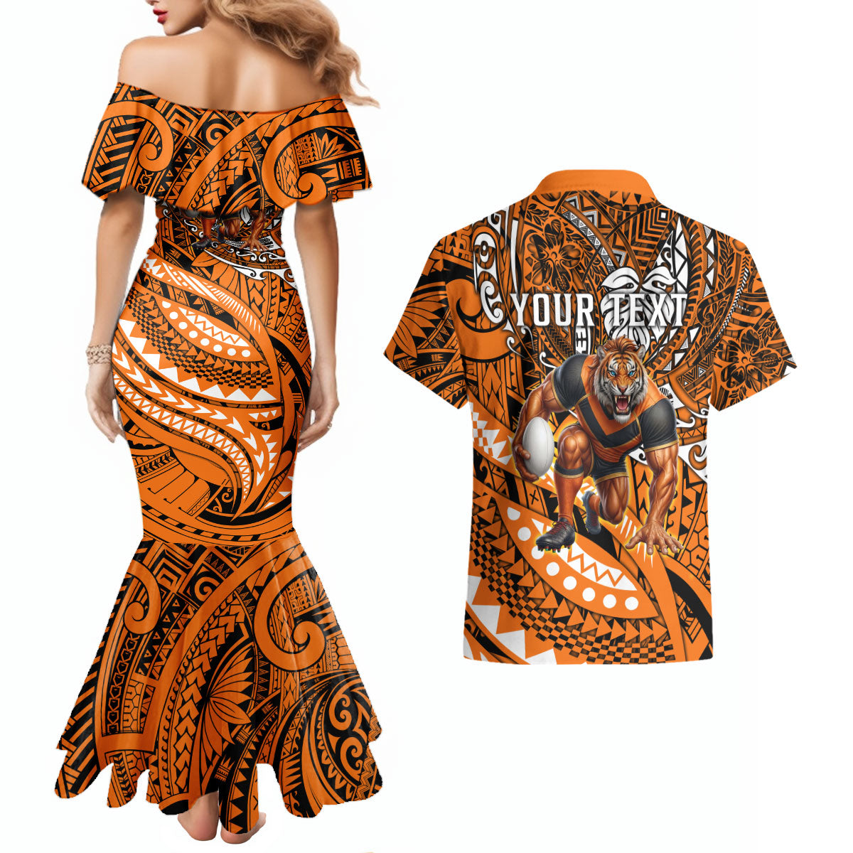 Personalised Wests Tigers Couples Matching Mermaid Dress and Hawaiian Shirt Polynesian Tribal Art Style With Powerful Tiger Mascot