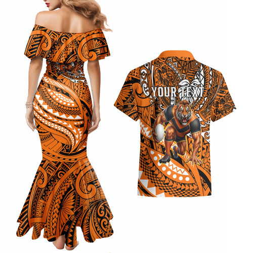 Personalised Wests Tigers Couples Matching Mermaid Dress and Hawaiian Shirt Polynesian Tribal Art Style With Powerful Tiger Mascot