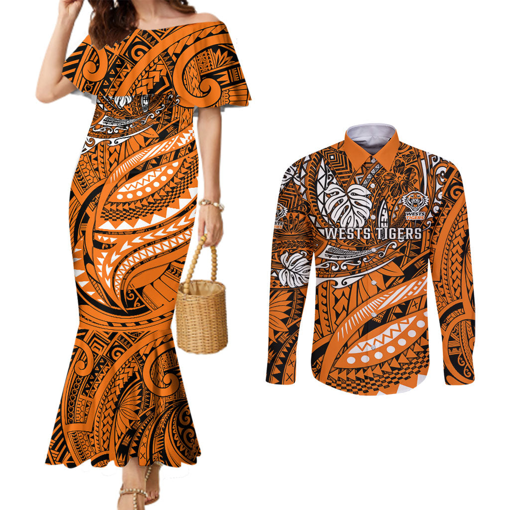 Personalised Wests Tigers Couples Matching Mermaid Dress and Long Sleeve Button Shirt Polynesian Tribal Art Style With Powerful Tiger Mascot