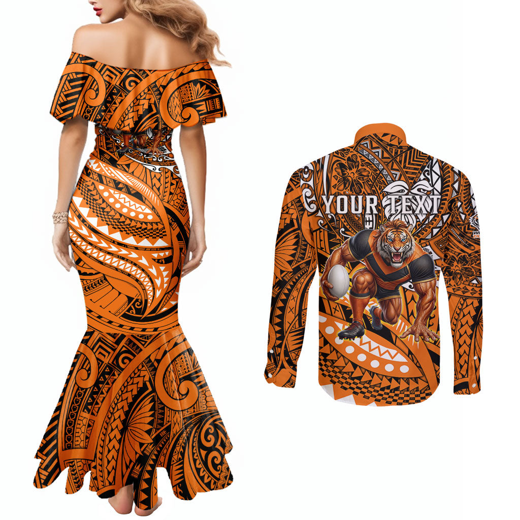 Personalised Wests Tigers Couples Matching Mermaid Dress and Long Sleeve Button Shirt Polynesian Tribal Art Style With Powerful Tiger Mascot