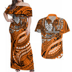 Personalised Wests Tigers Couples Matching Off Shoulder Maxi Dress and Hawaiian Shirt Polynesian Tribal Art Style With Powerful Tiger Mascot