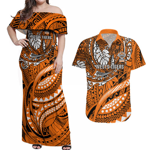 Personalised Wests Tigers Couples Matching Off Shoulder Maxi Dress and Hawaiian Shirt Polynesian Tribal Art Style With Powerful Tiger Mascot