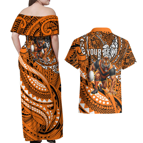 Personalised Wests Tigers Couples Matching Off Shoulder Maxi Dress and Hawaiian Shirt Polynesian Tribal Art Style With Powerful Tiger Mascot