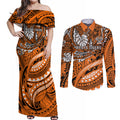 Personalised Wests Tigers Couples Matching Off Shoulder Maxi Dress and Long Sleeve Button Shirt Polynesian Tribal Art Style With Powerful Tiger Mascot