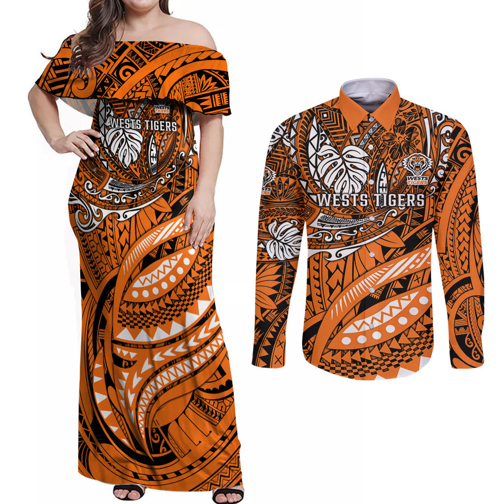 Personalised Wests Tigers Couples Matching Off Shoulder Maxi Dress and Long Sleeve Button Shirt Polynesian Tribal Art Style With Powerful Tiger Mascot