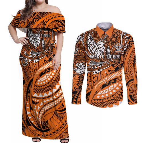 Personalised Wests Tigers Couples Matching Off Shoulder Maxi Dress and Long Sleeve Button Shirt Polynesian Tribal Art Style With Powerful Tiger Mascot
