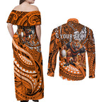 Personalised Wests Tigers Couples Matching Off Shoulder Maxi Dress and Long Sleeve Button Shirt Polynesian Tribal Art Style With Powerful Tiger Mascot