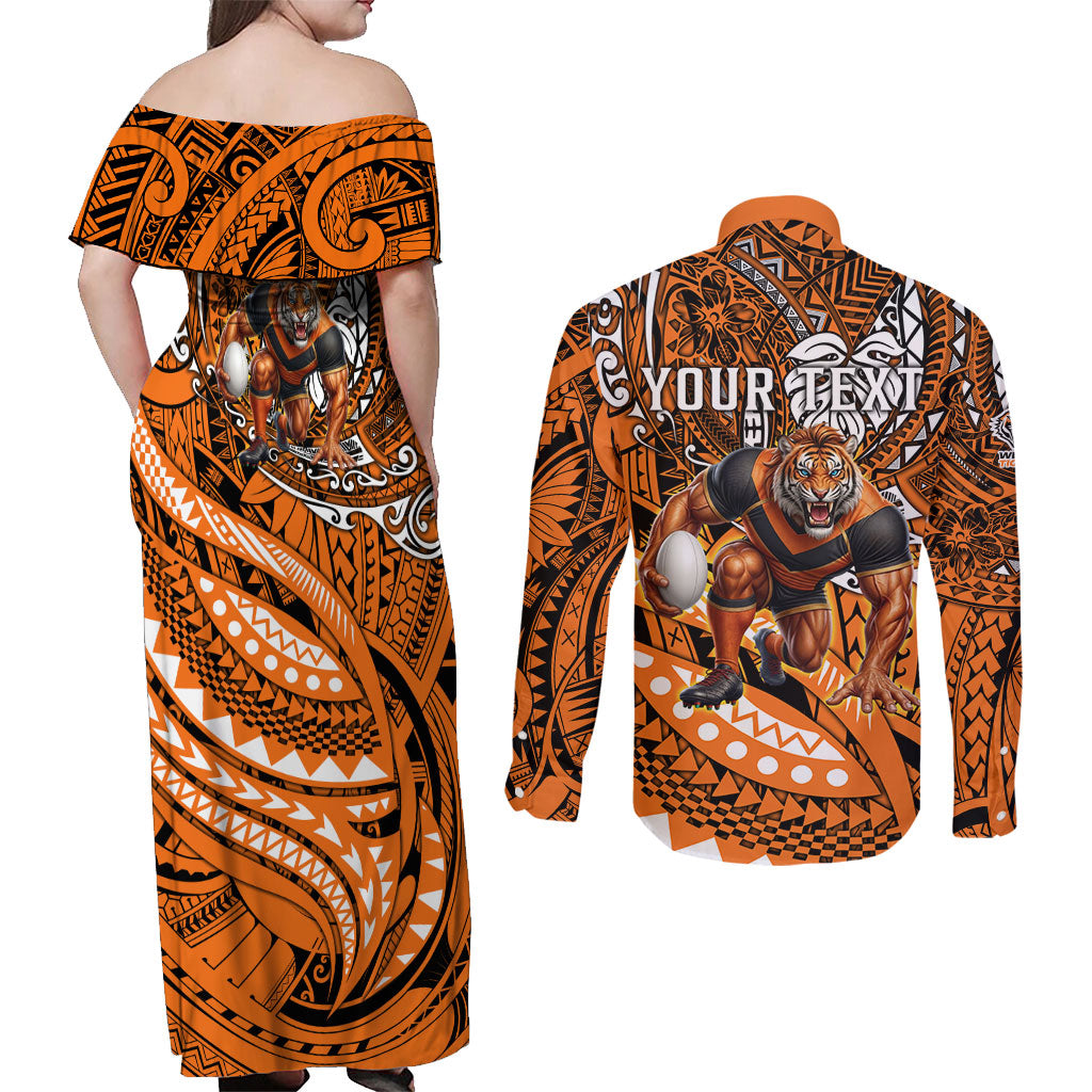 Personalised Wests Tigers Couples Matching Off Shoulder Maxi Dress and Long Sleeve Button Shirt Polynesian Tribal Art Style With Powerful Tiger Mascot
