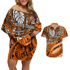 Personalised Wests Tigers Couples Matching Off Shoulder Short Dress and Hawaiian Shirt Polynesian Tribal Art Style With Powerful Tiger Mascot