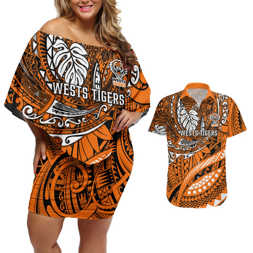 Personalised Wests Tigers Couples Matching Off Shoulder Short Dress and Hawaiian Shirt Polynesian Tribal Art Style With Powerful Tiger Mascot