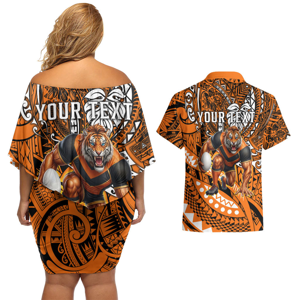 Personalised Wests Tigers Couples Matching Off Shoulder Short Dress and Hawaiian Shirt Polynesian Tribal Art Style With Powerful Tiger Mascot