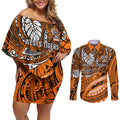 Personalised Wests Tigers Couples Matching Off Shoulder Short Dress and Long Sleeve Button Shirt Polynesian Tribal Art Style With Powerful Tiger Mascot