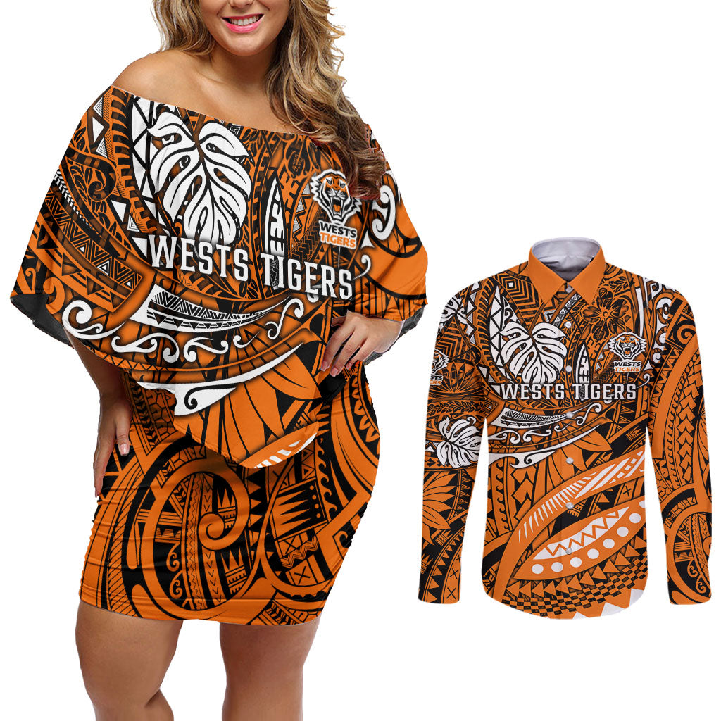 Personalised Wests Tigers Couples Matching Off Shoulder Short Dress and Long Sleeve Button Shirt Polynesian Tribal Art Style With Powerful Tiger Mascot