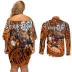 Personalised Wests Tigers Couples Matching Off Shoulder Short Dress and Long Sleeve Button Shirt Polynesian Tribal Art Style With Powerful Tiger Mascot
