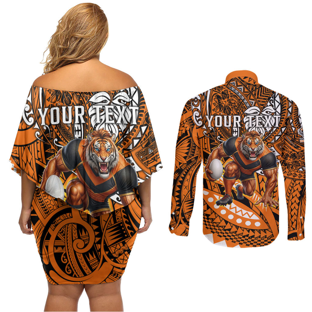 Personalised Wests Tigers Couples Matching Off Shoulder Short Dress and Long Sleeve Button Shirt Polynesian Tribal Art Style With Powerful Tiger Mascot