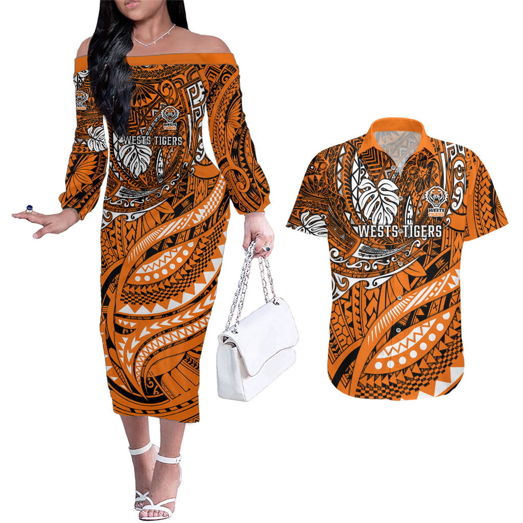 Personalised Wests Tigers Couples Matching Off The Shoulder Long Sleeve Dress and Hawaiian Shirt Polynesian Tribal Art Style With Powerful Tiger Mascot
