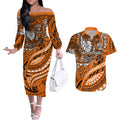 Personalised Wests Tigers Couples Matching Off The Shoulder Long Sleeve Dress and Hawaiian Shirt Polynesian Tribal Art Style With Powerful Tiger Mascot