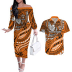 Personalised Wests Tigers Couples Matching Off The Shoulder Long Sleeve Dress and Hawaiian Shirt Polynesian Tribal Art Style With Powerful Tiger Mascot