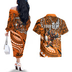 Personalised Wests Tigers Couples Matching Off The Shoulder Long Sleeve Dress and Hawaiian Shirt Polynesian Tribal Art Style With Powerful Tiger Mascot