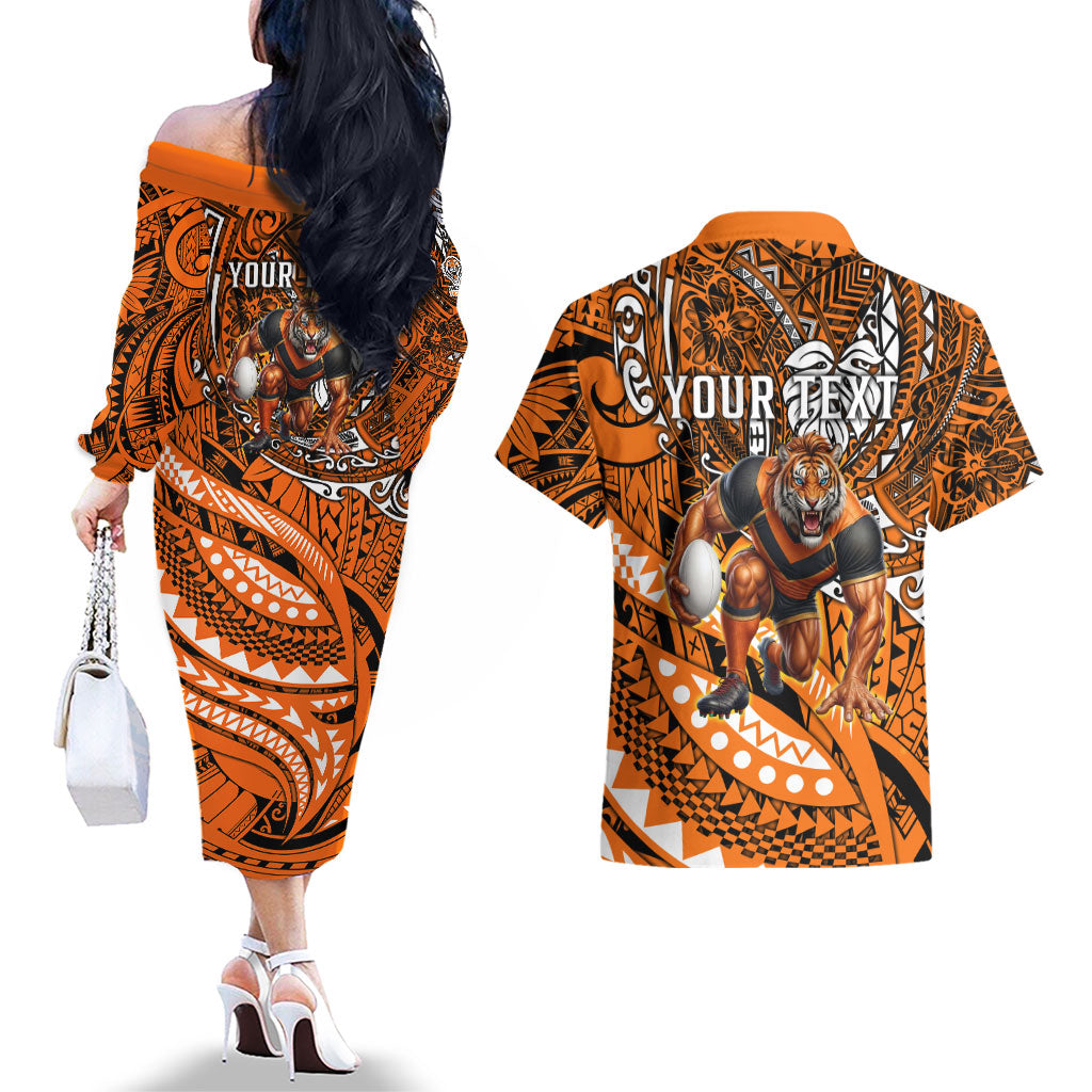 Personalised Wests Tigers Couples Matching Off The Shoulder Long Sleeve Dress and Hawaiian Shirt Polynesian Tribal Art Style With Powerful Tiger Mascot