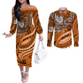 Personalised Wests Tigers Couples Matching Off The Shoulder Long Sleeve Dress and Long Sleeve Button Shirt Polynesian Tribal Art Style With Powerful Tiger Mascot